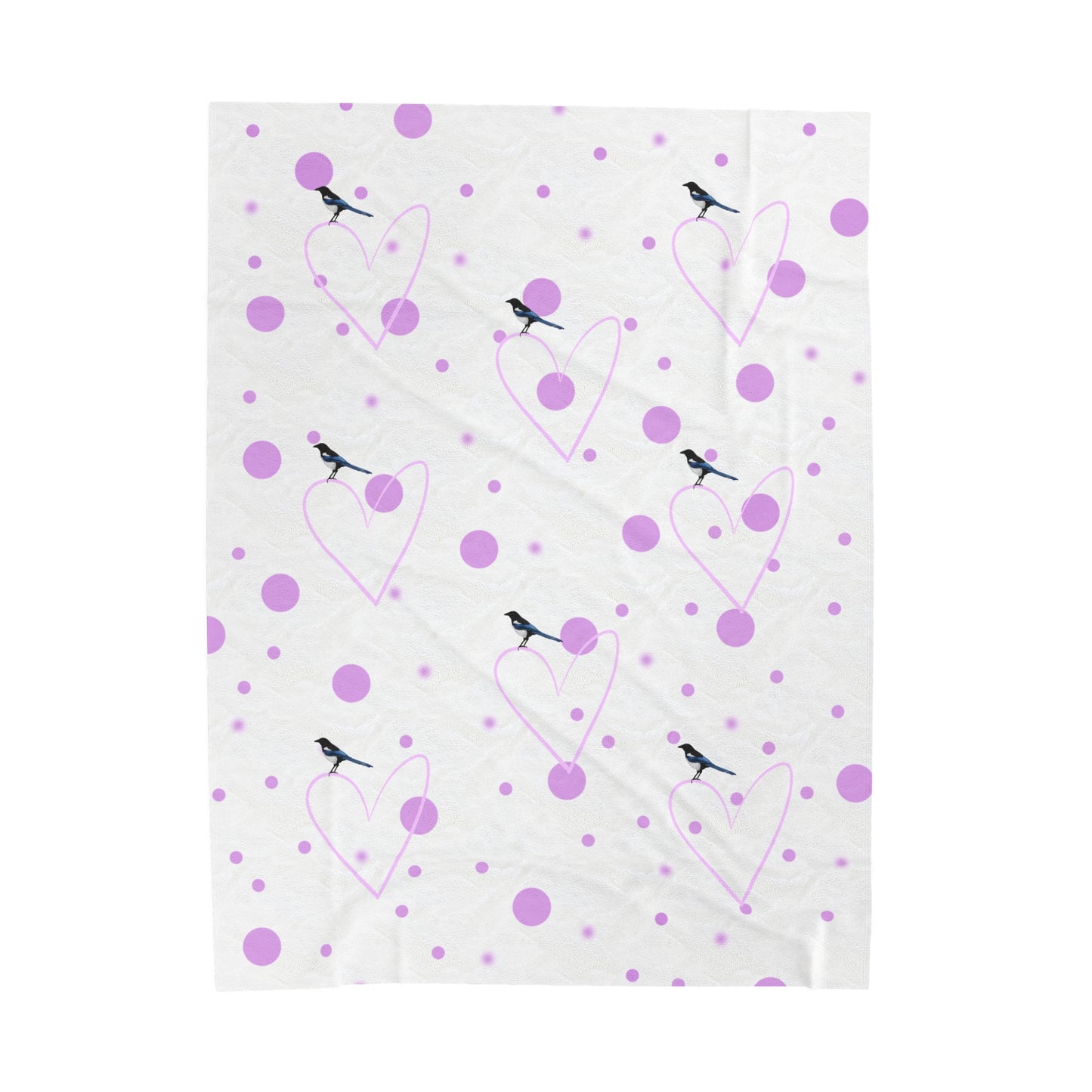 Magpie Valentine's Day Bird Velveteen Plush Blanket Pink Hearts and Dots