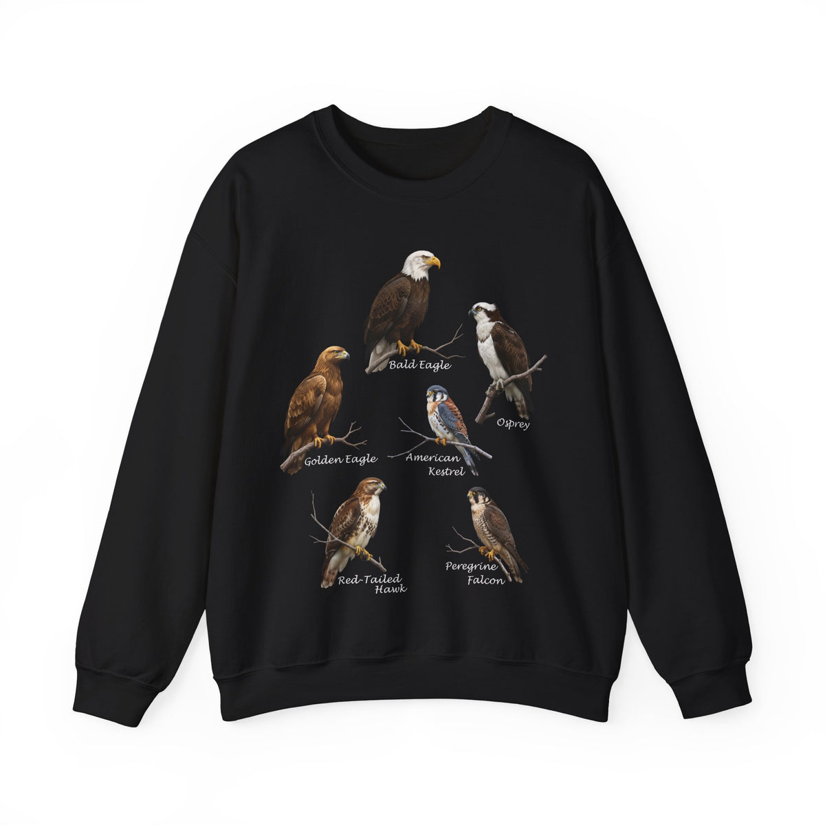 Black sweatshirt with bird illustrations on a white background