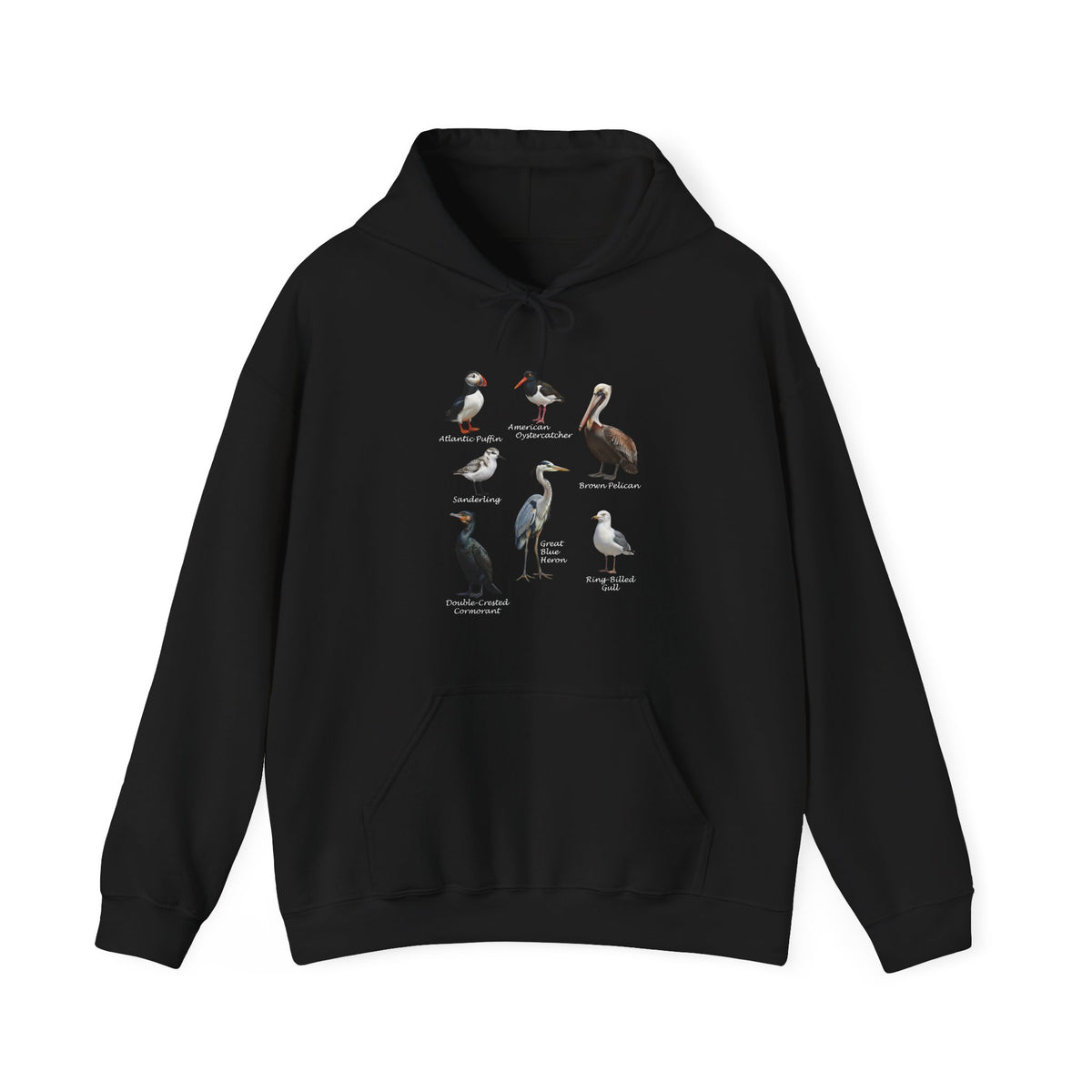 Black hoodie with coastal bird illustrations on a white background