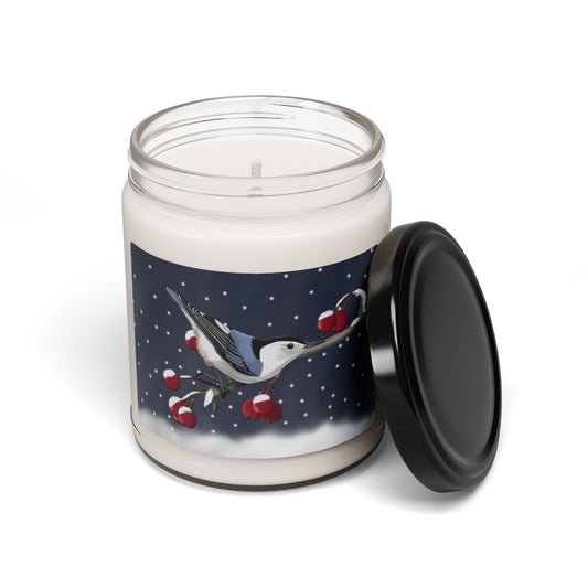 Nuthatch on a Winter Branch Christmas Bird Art Scented Soy Candle, 9oz