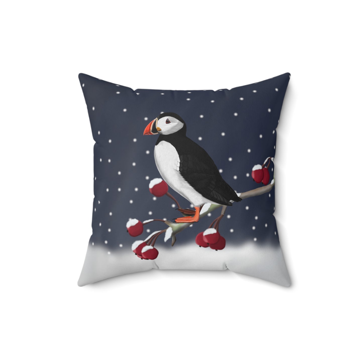 Papageitaucher auf einem Ast im Schnee Vogelmotiv Kissen