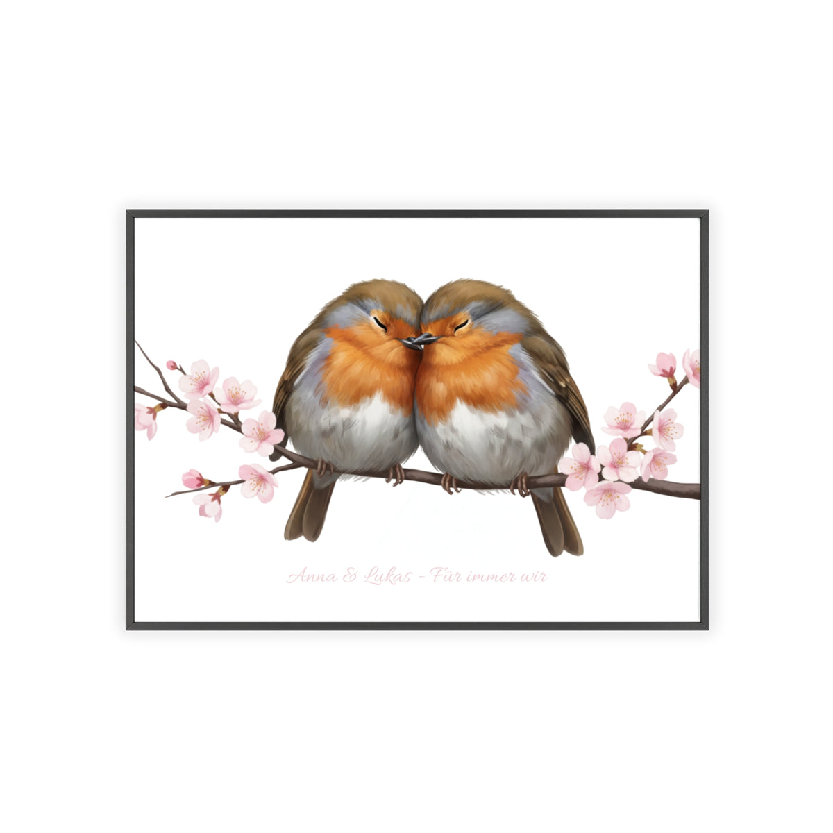 gerahmtes bild in einem holzrahmen, zwei rotkehlchen kuscheln auf einem ast mit kirschblüten. Personalisierbar als geschenk für valentinstag, muttertag, hochzeit