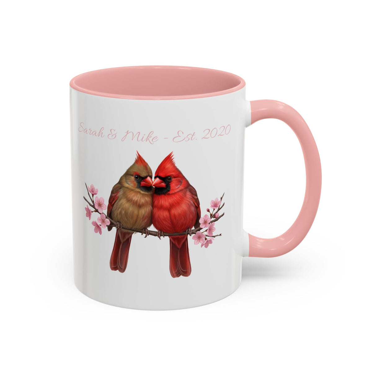 personalized mug with two cardinals on a branch with cherry blossoms as a valentine's day and mother's day gift.