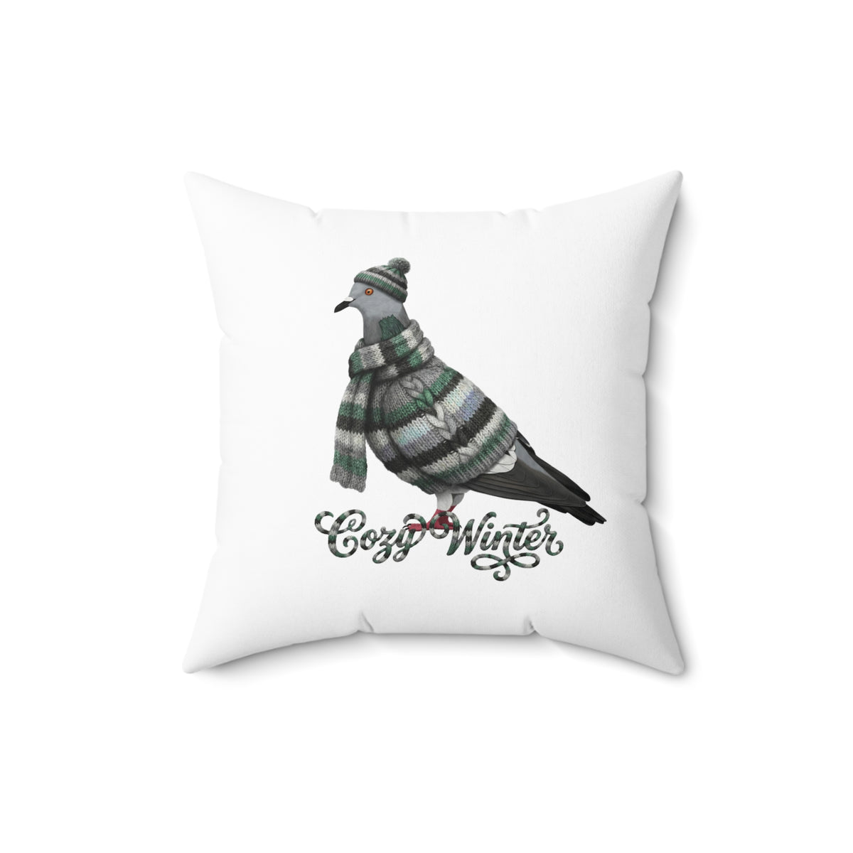Pigeon Cozy Winter Christmas Bird Pillow – Double-Sided Bird Art – The Perfect Gift for Bird Lovers