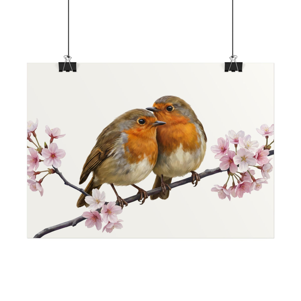 Poster mit einer Rotkehlchen Vogel Zeichnung mit rosa Kirschblüten auf einem weißen Hintergrund