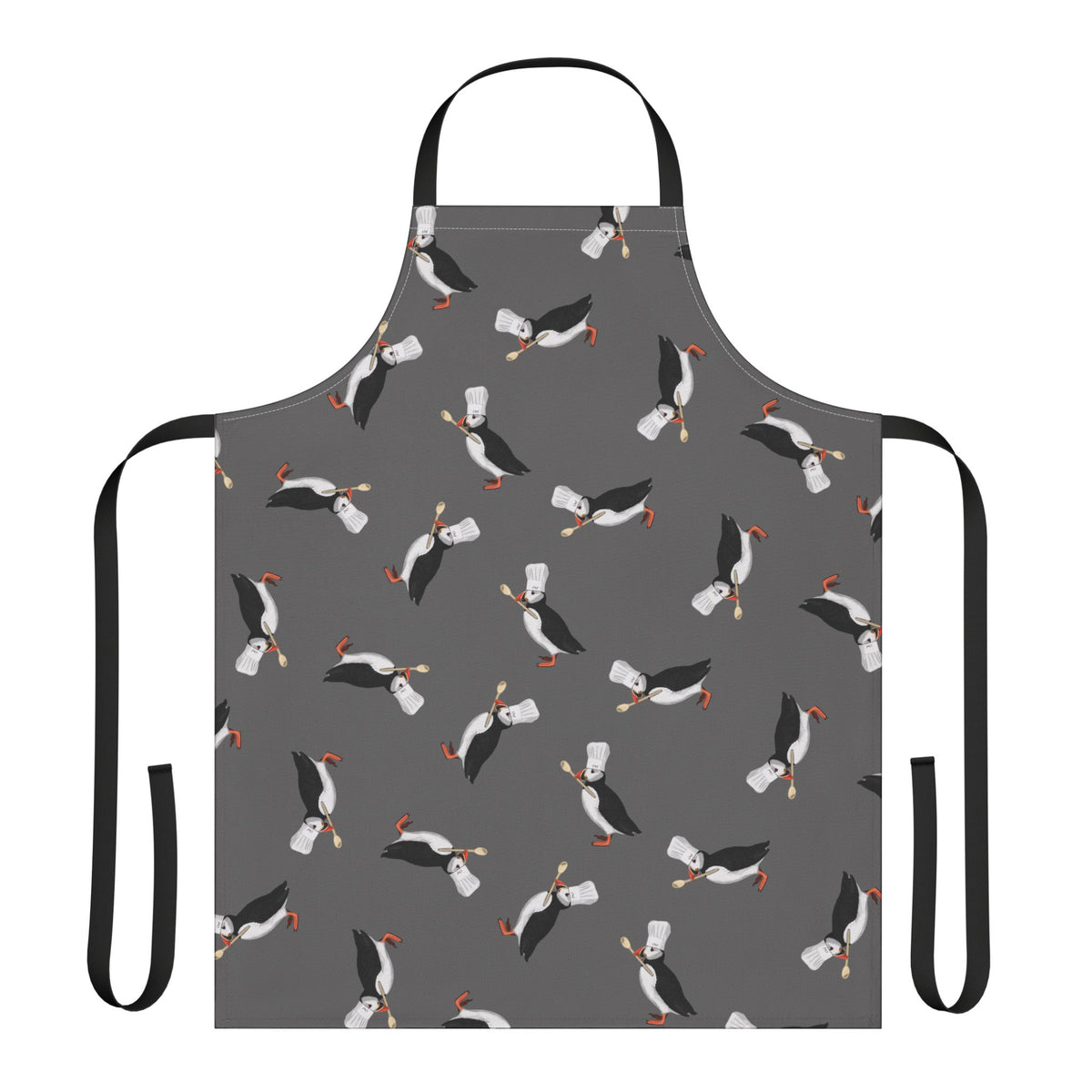 Gray apron with puffin pattern on a white background