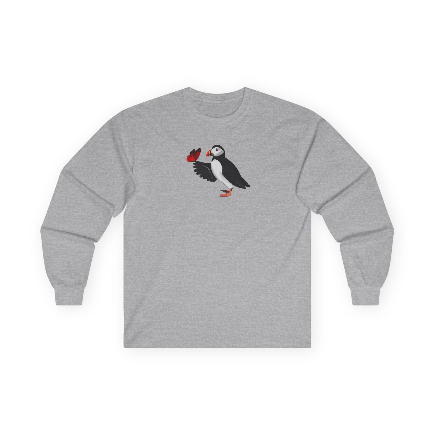 Puffin with Butterfly Birding & Birdwatching Bird Cotton Long Sleeve T-Shirt