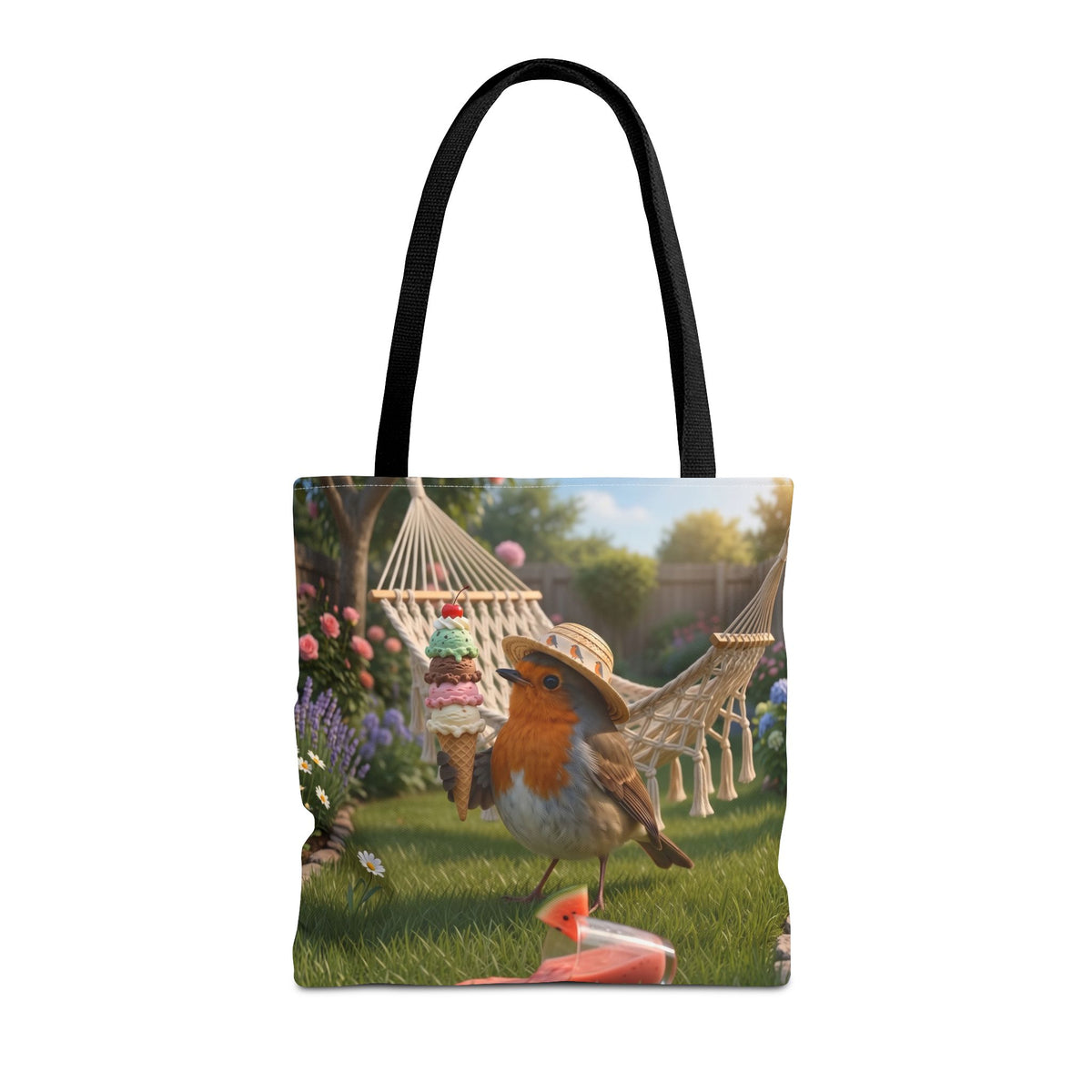 Quadratische Stofftasche mit farbigen Baumwollgriffen. Auf der Tasche ist eine großflächige digitale Illustration aufgedruckt: Das Rotkehlchen Rosi steht mit Sonnenhut in einem sommerlichen Garten und hält ein riesiges Eis mit vier Kugeln in den Flügeln.
