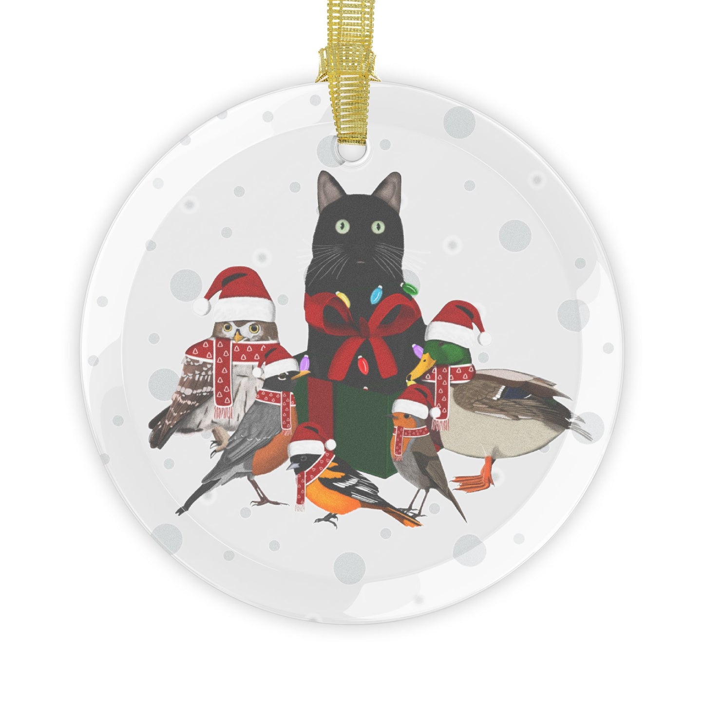 Robin Oriole Mallard Owl and Cat as Santa Claus with Fairy Lights Christmas Glass Ornament