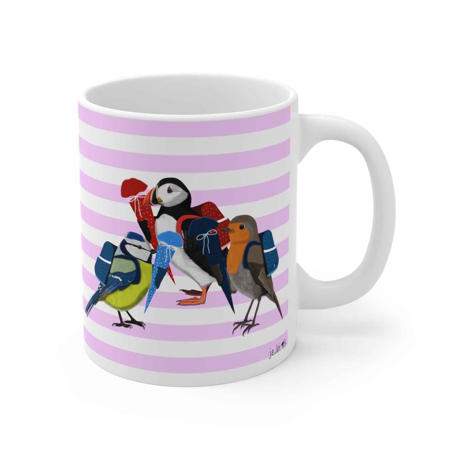 Robin Puffin Blue Titmouse School Enrollment First Day of School Bird Ceramic Mug 11oz Pink