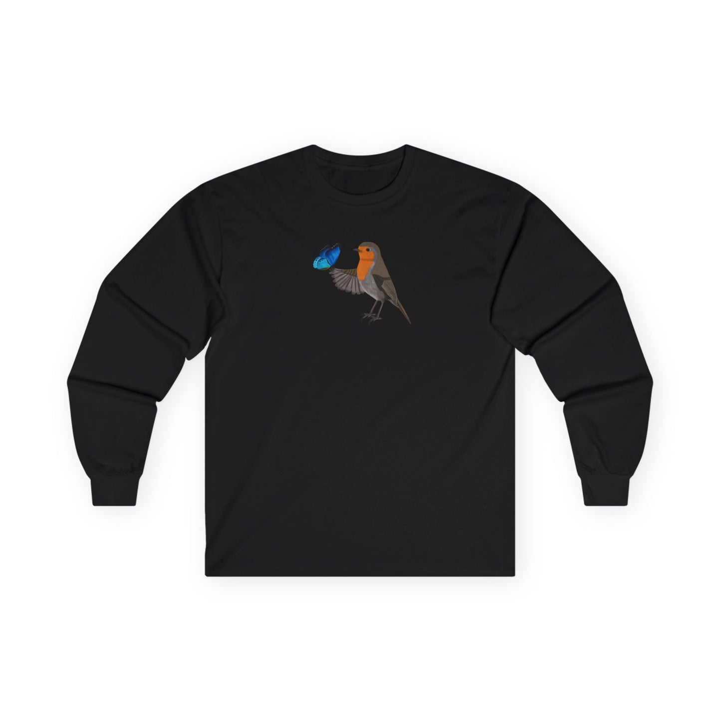 Robin with Butterfly Birding & Birdwatching Bird Cotton Long Sleeve T-Shirt