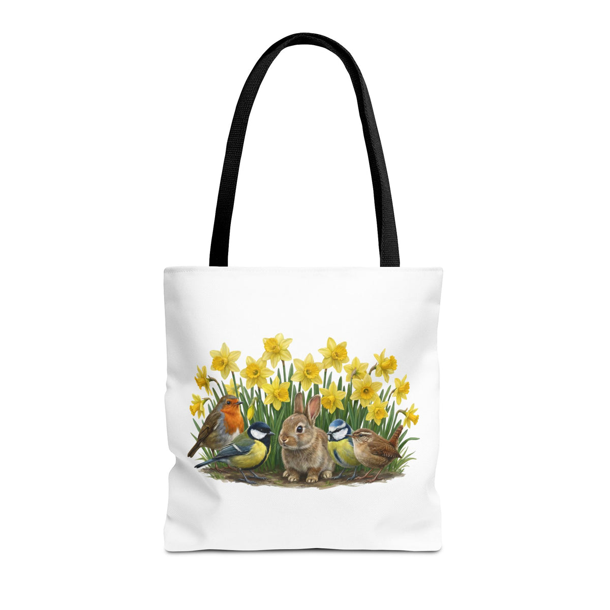 Robuste Einkaufstasche mit Frühlings-Motiv: Kaninchen und Rotkehlchen zwischen gelben Osterglocken.