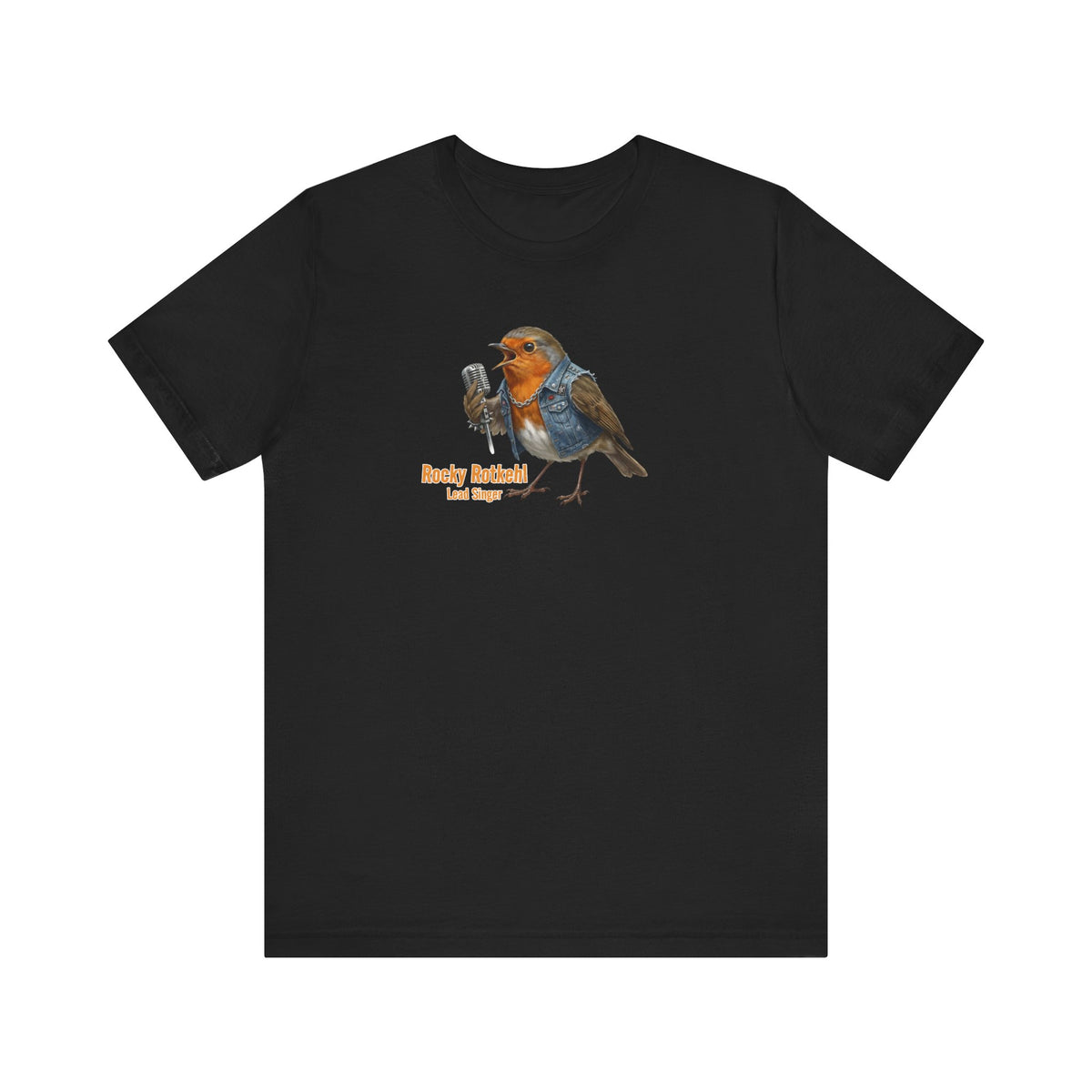 Black t-shirt with a graphic of a bird holding a microphone on a white background