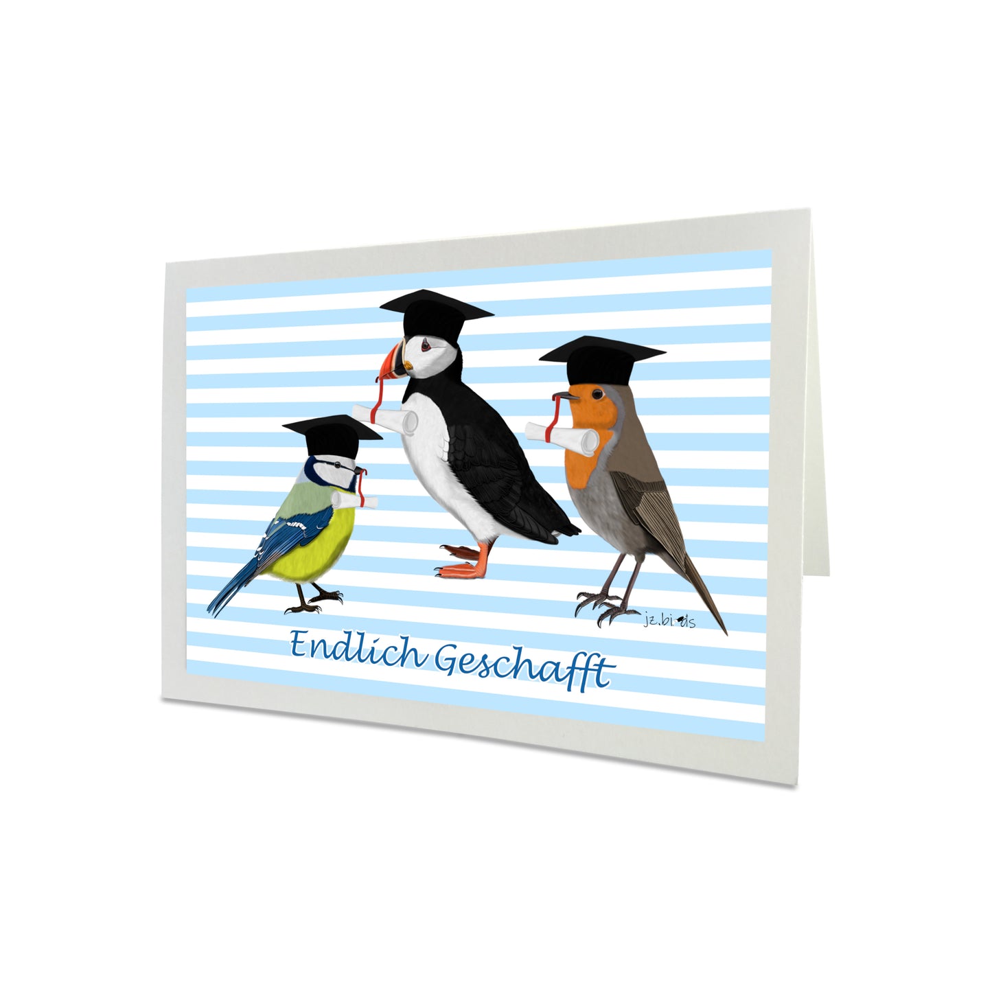 Rotkehlchen Blaumeise Papageitaucher Vogel Glückwunschkarte Schulabschluss Abitur Uni Rosa/Blau Farbe Personalisierbar