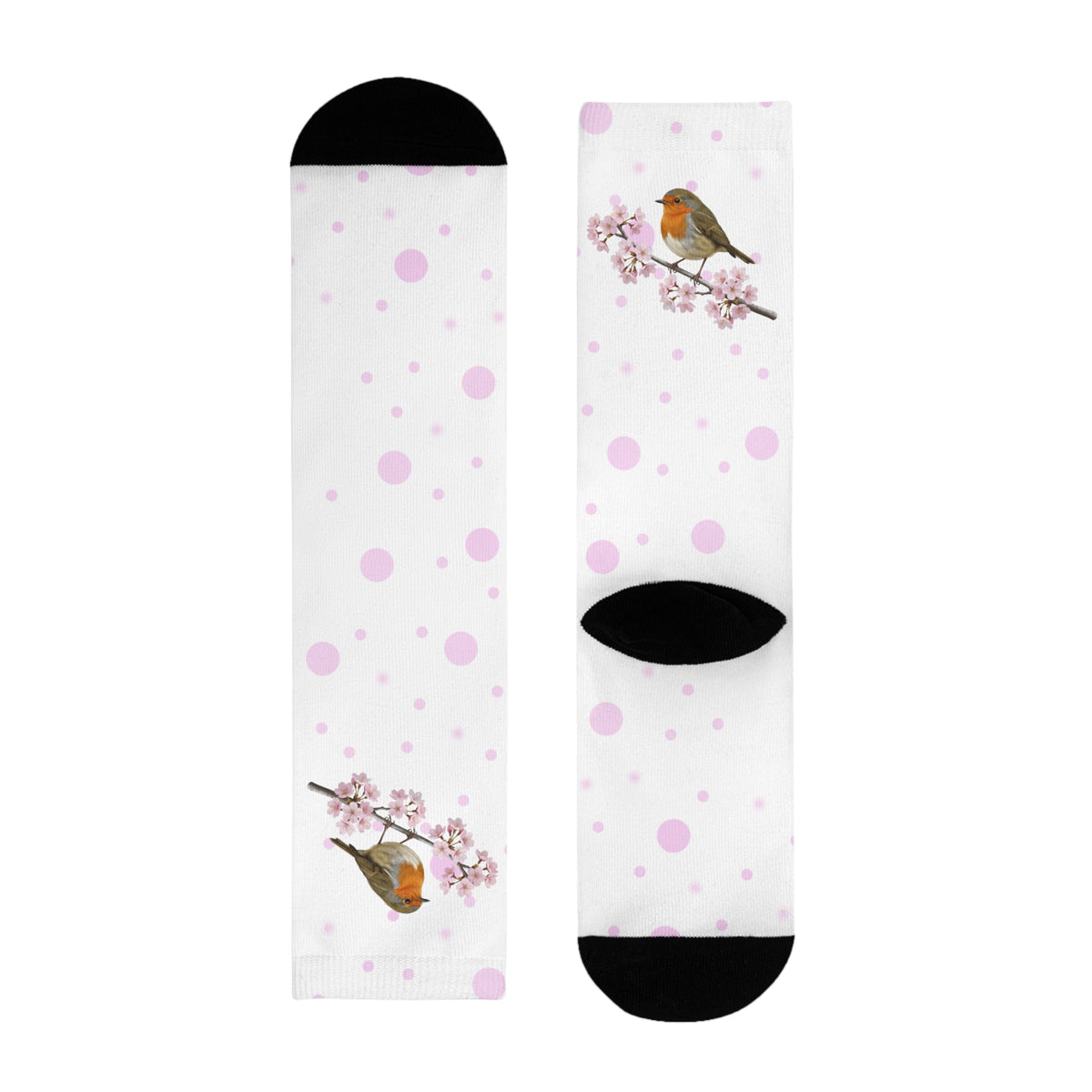 Rotkehlchen Socken mit Kirschblüten | Weiß Rosa gepunktete Vogelmotiv Strümpfe