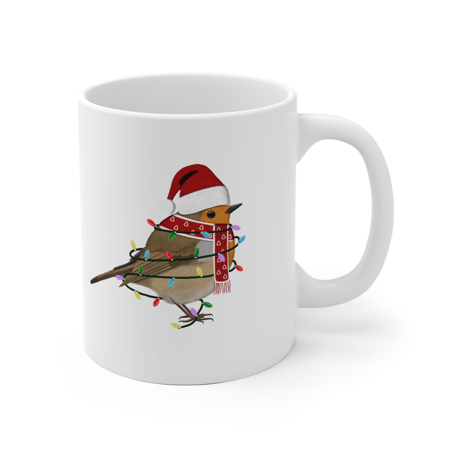 Rotkehlchen Tasse Vogel als Weihnachtsmann mit Lichterkette Weiß für Vogelfreunde