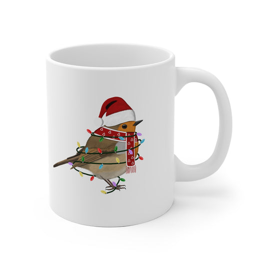 Rotkehlchen Tasse Vogel als Weihnachtsmann mit Lichterkette Weiß für Vogelfreunde