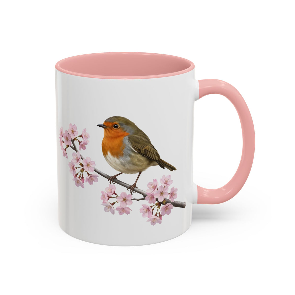 Rotkehlchen Tasse mit Kirschblüten | Rosa Keramiktasse für Vogelfreunde