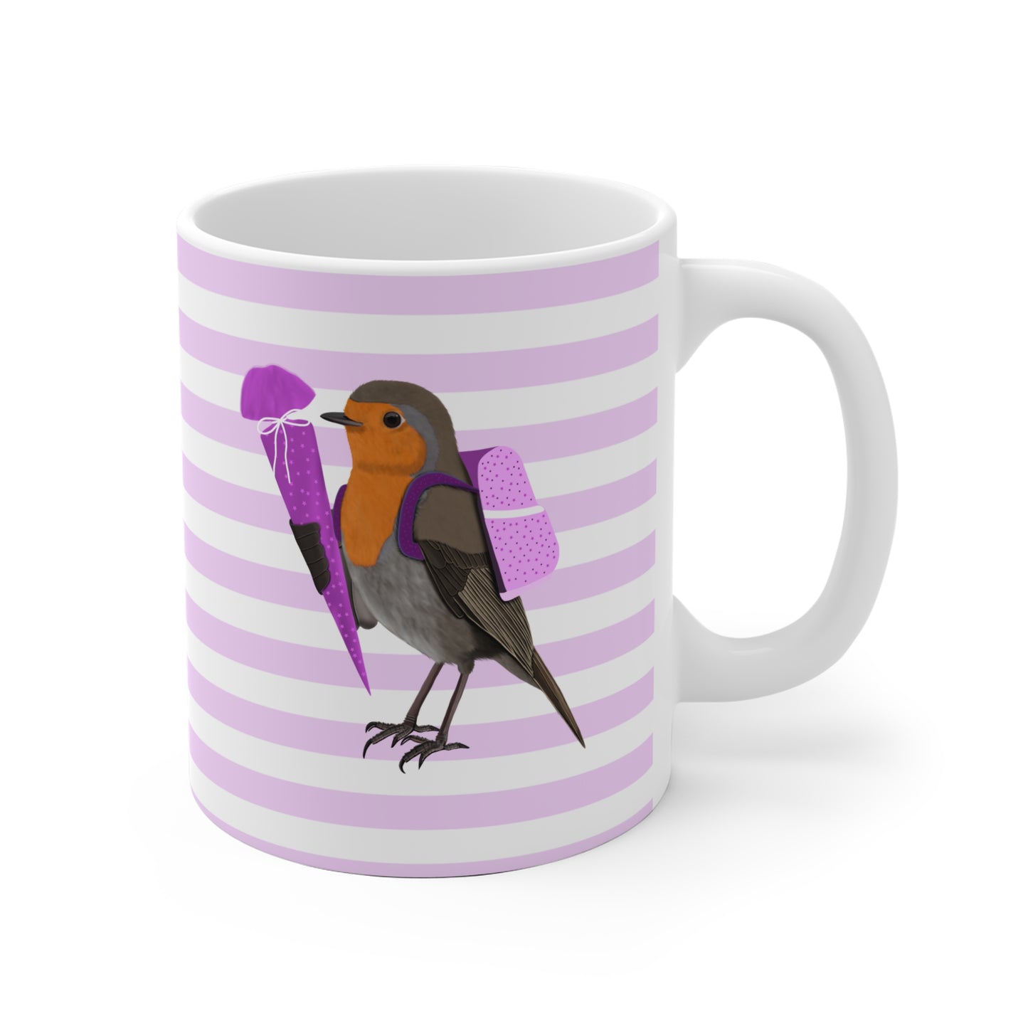 Rotkehlchen Vogel Tasse als Geschenk zur Einschulung Rosa Weiß