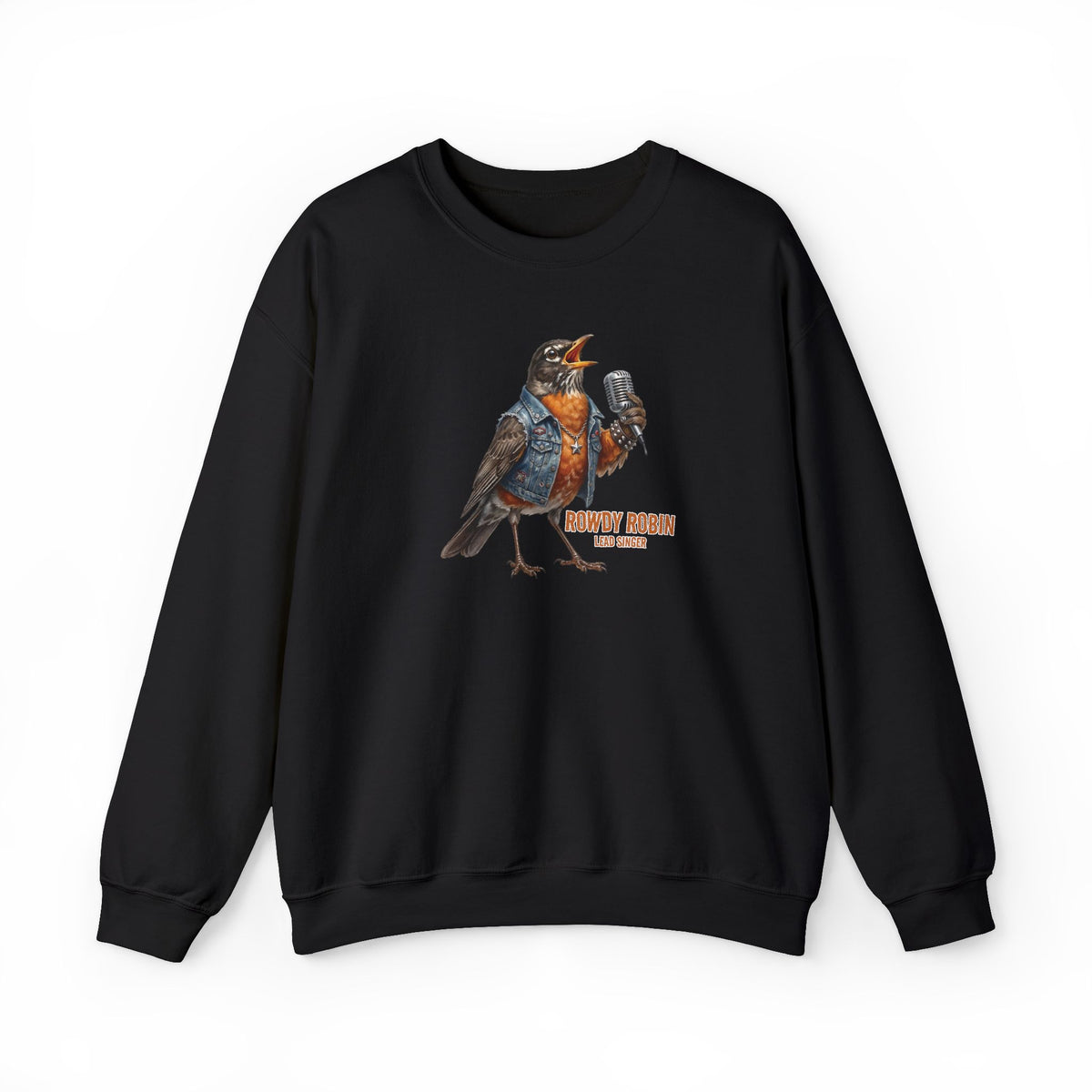 Black sweatshirt with a graphic of a bird holding a microphone on a white background