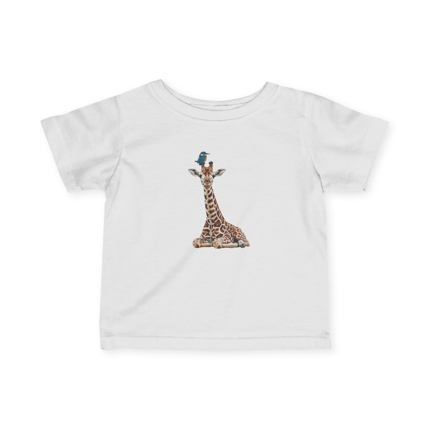 Süße Baby Giraffe mit Eisvogel Vogel Tiermotiv T-Shirt für Babys und Kleinkinder