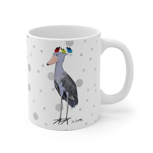 Schuhschnabel mit Schmetterlingen Vogel Tasse Punkte Grau