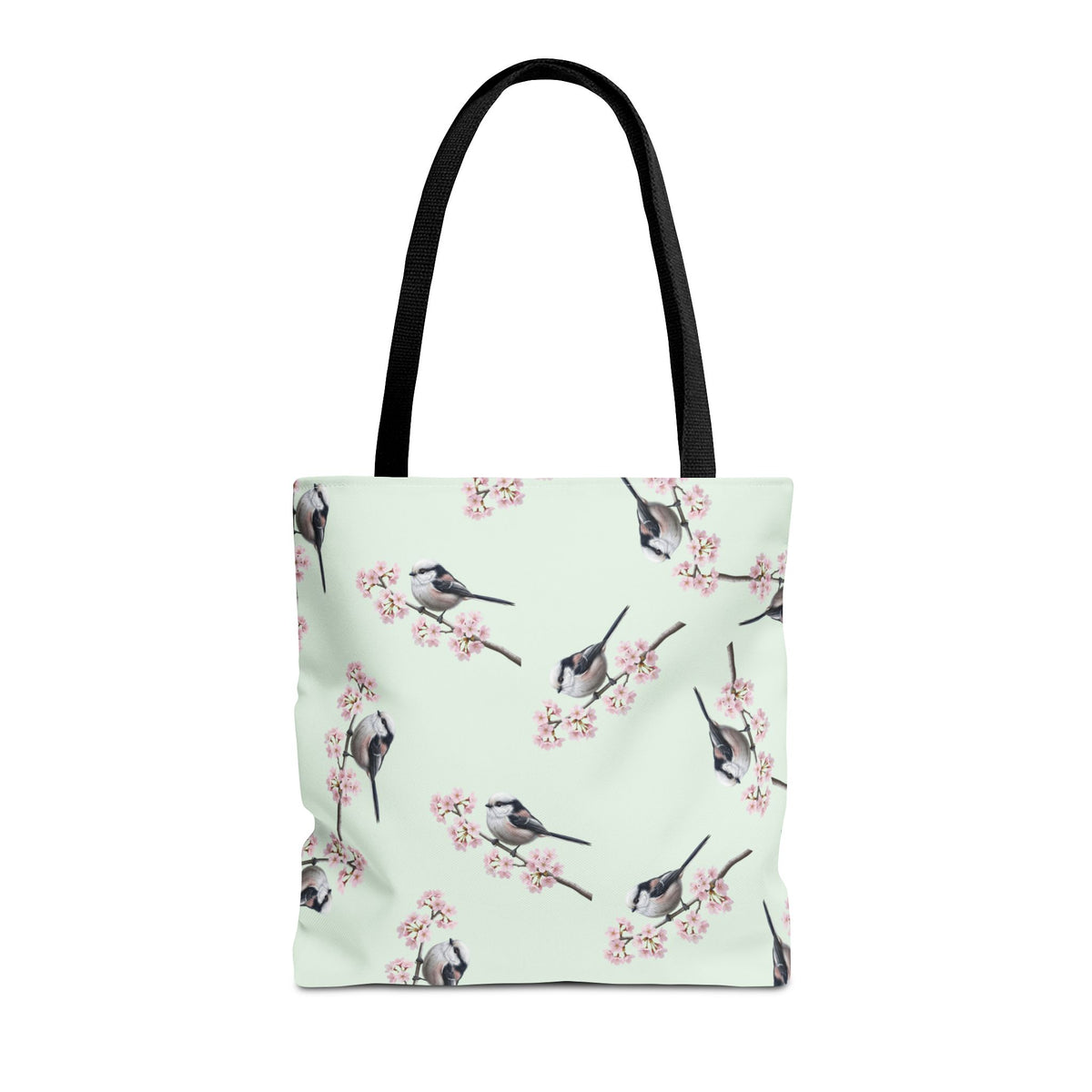 Schwanzmeise & Kirschblüten Tragetasche in Salbeigrün | Stofftasche & Geschenk für Vogelbeobachter