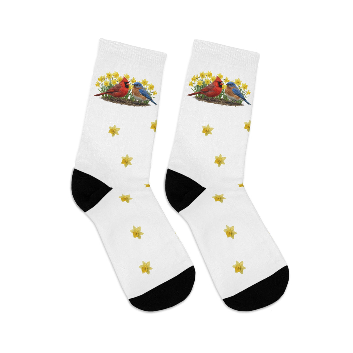 White socks with cardinal bluebird and daffodils design on a white background