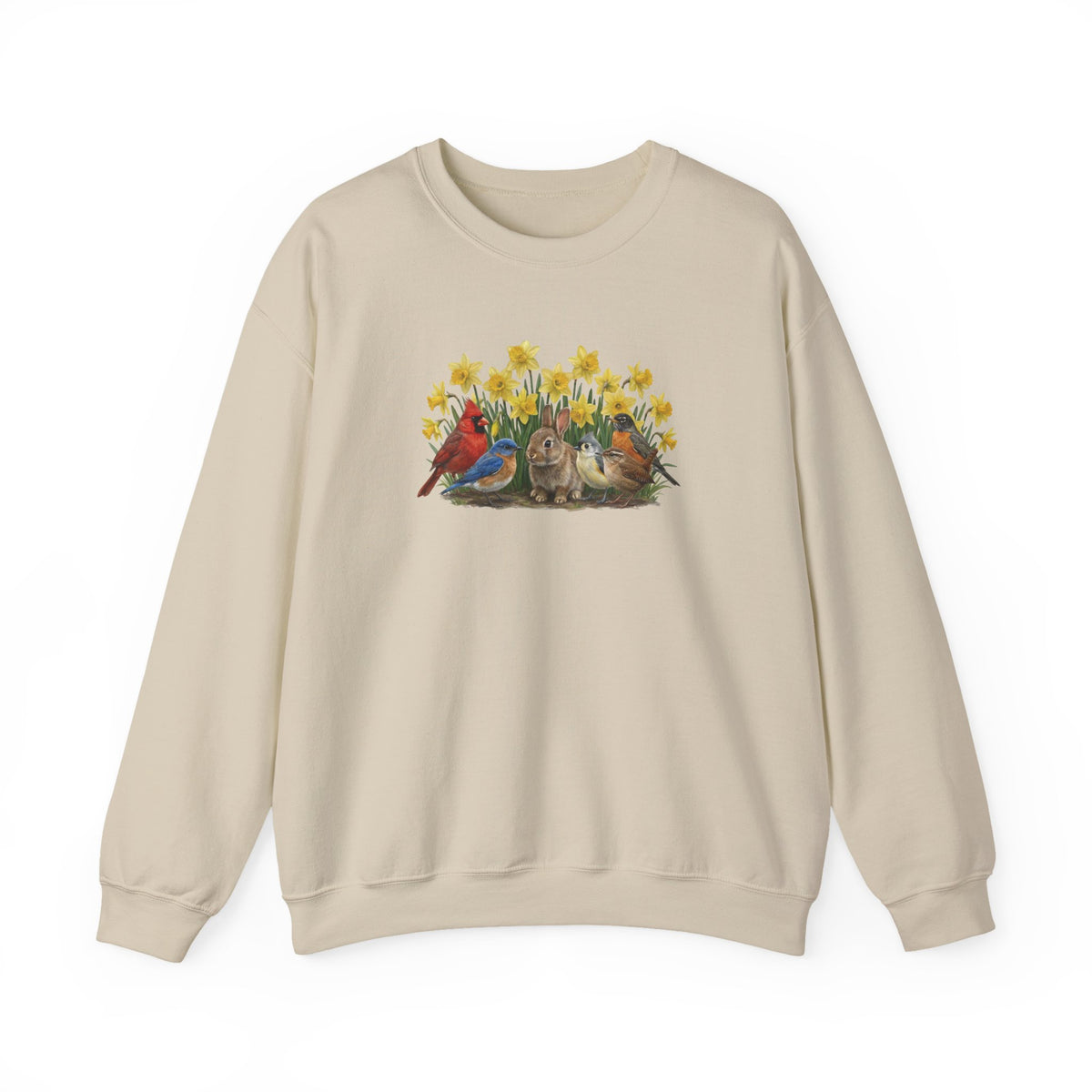 Beige sweatshirt with a colorful bird bunny daffodils spring design on a white background