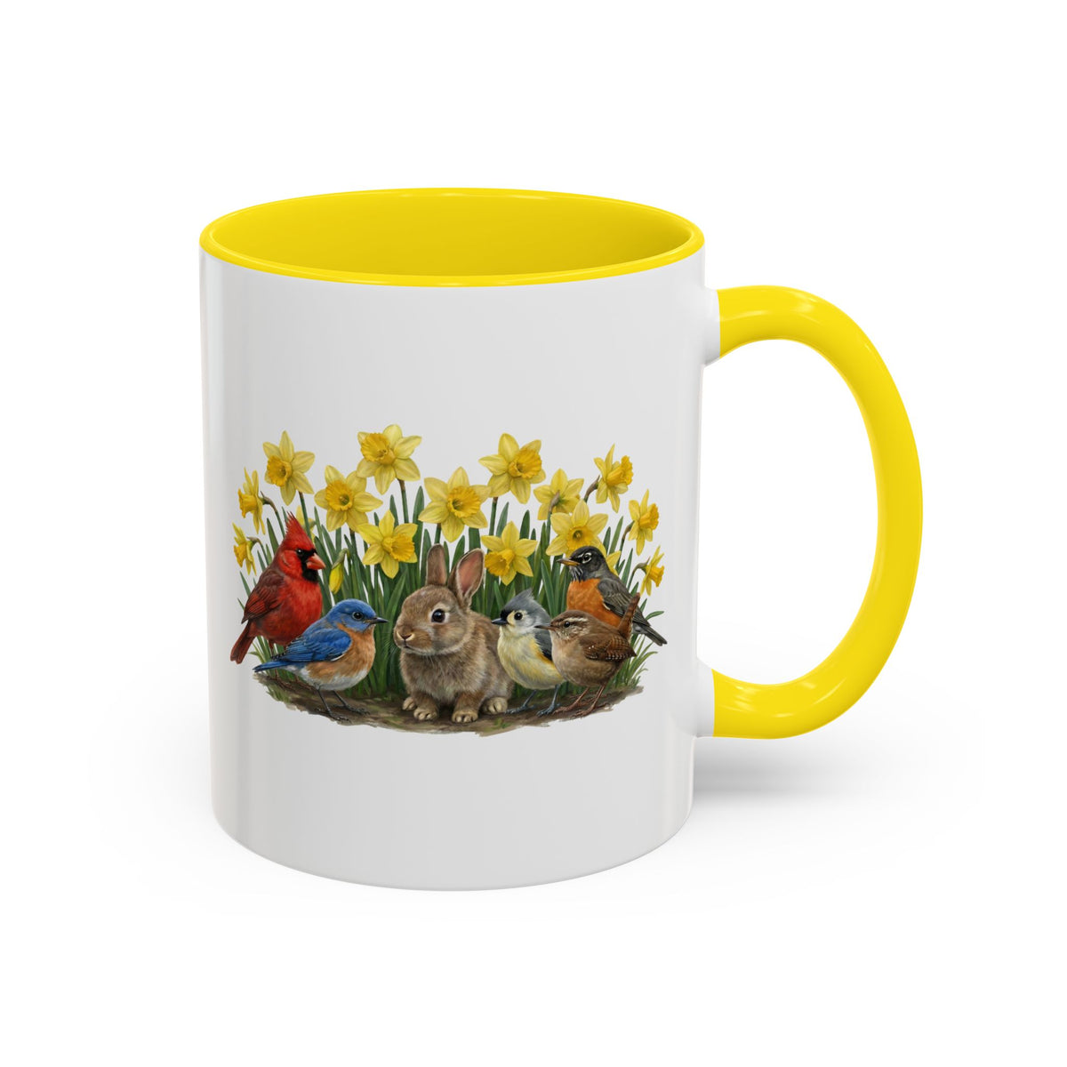 Mug with a colorful design of birds and a rabbit among flowers, yellow interior and handle.