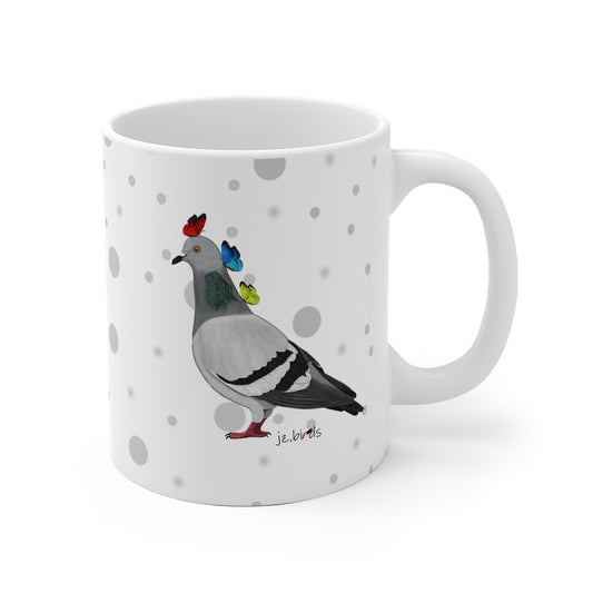 Taube mit Schmetterlingen Vogel Tasse Punkte Grau