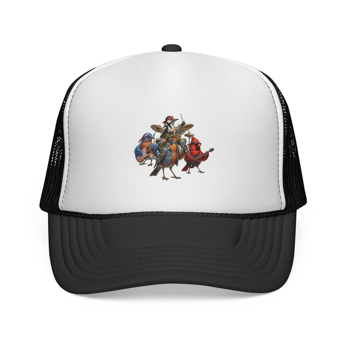 trucker hat with birds laying instruments. cardinal and bluebird play guitars, woodpecker plays drums and american robin sings