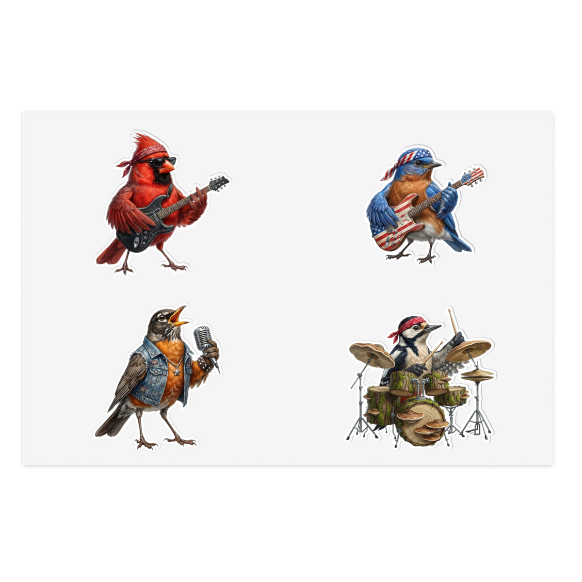 Four birds playing musical instruments on a white background
