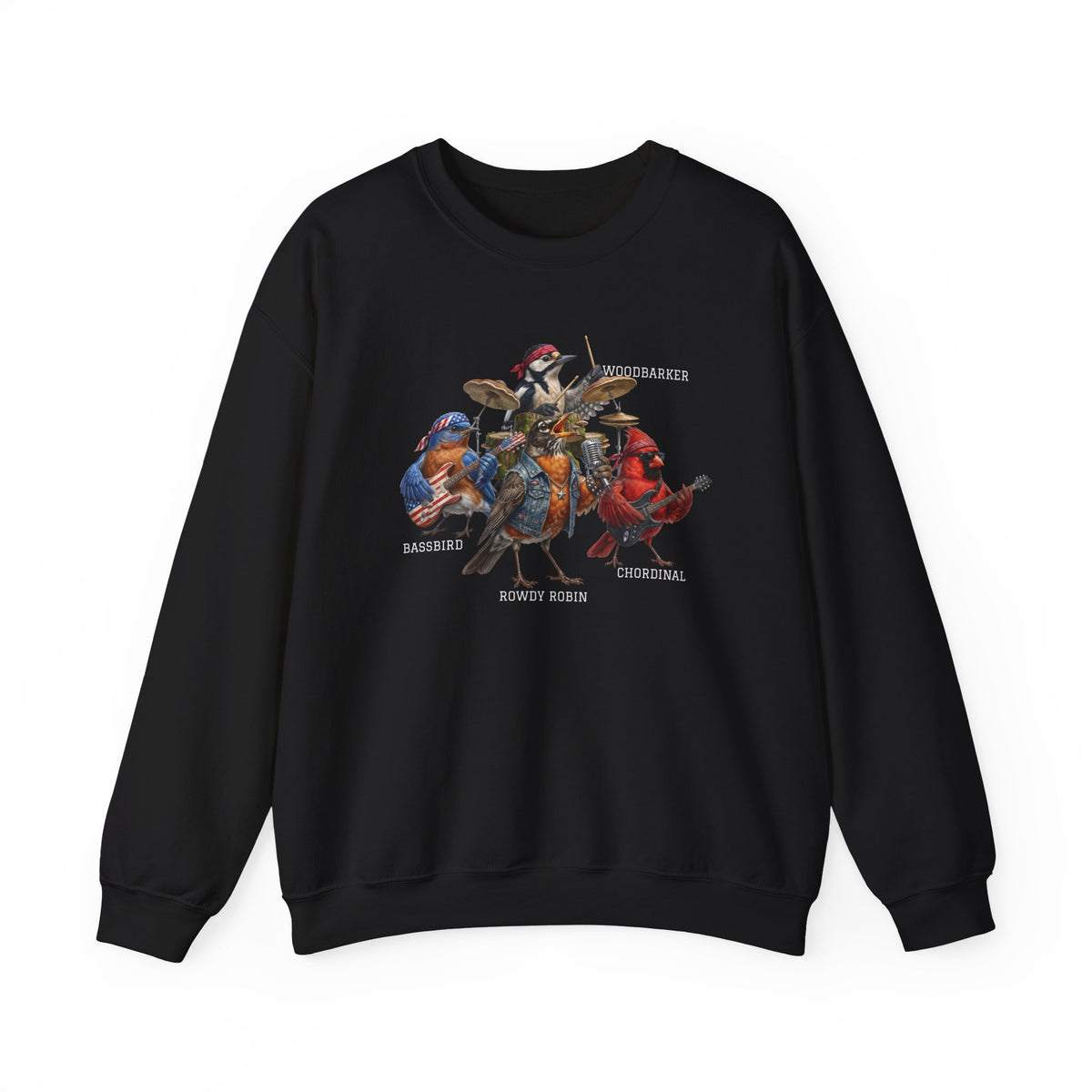 Black sweatshirt with colorful birds as rock band with guitars and drums graphic on a white background