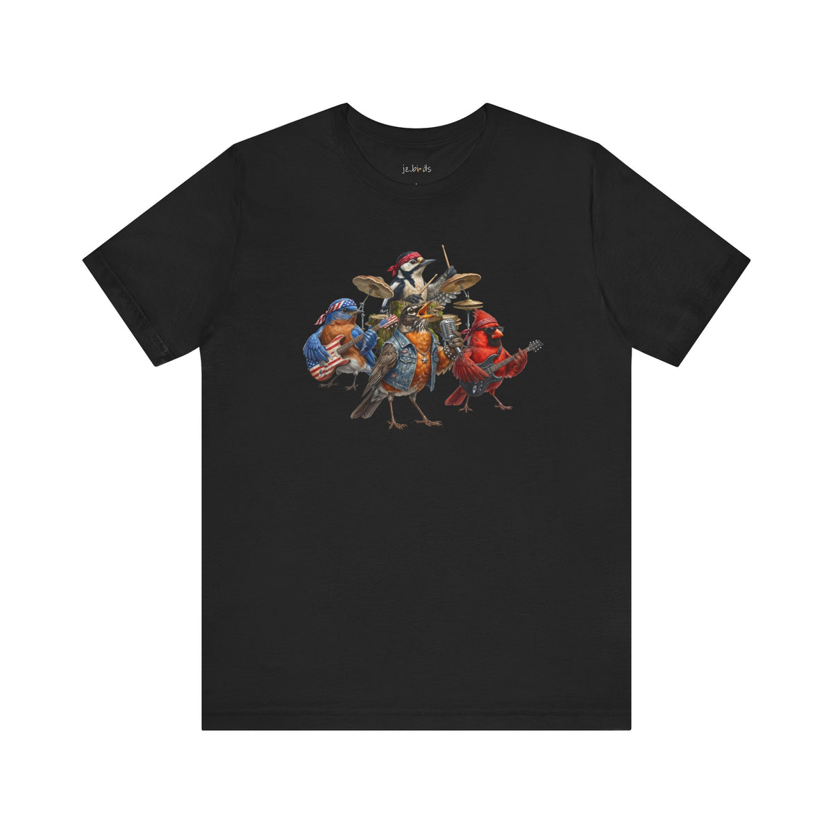 Black t-shirt with colorful bird graphic on a white background