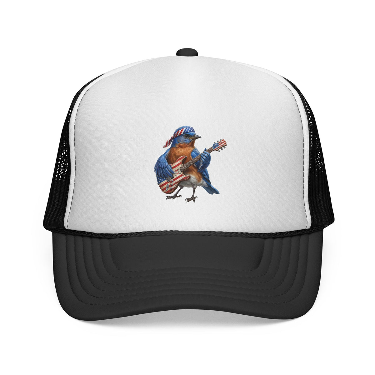 Trucker hat with a design of a bird playing guitar on a white background