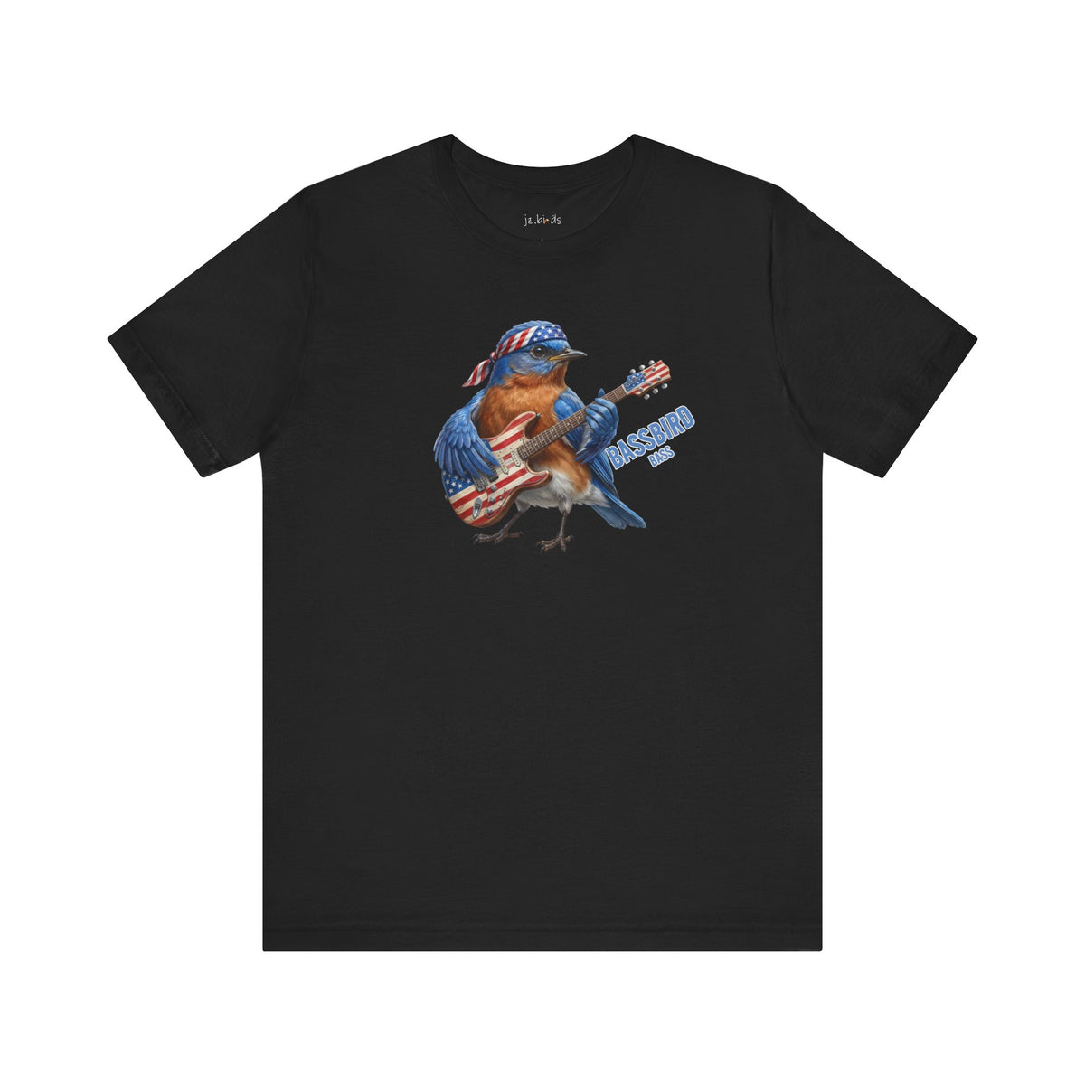 Black t-shirt with an eastern bluebird playing guitar graphic on a white background