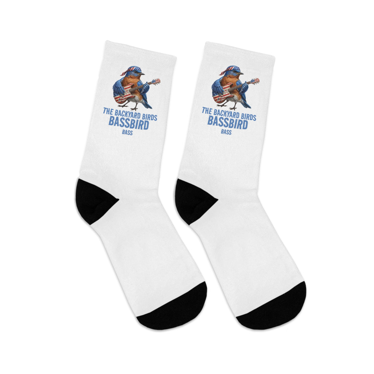 White socks with a bird character and 'The Backyard Birds Bassbird' text on a white background