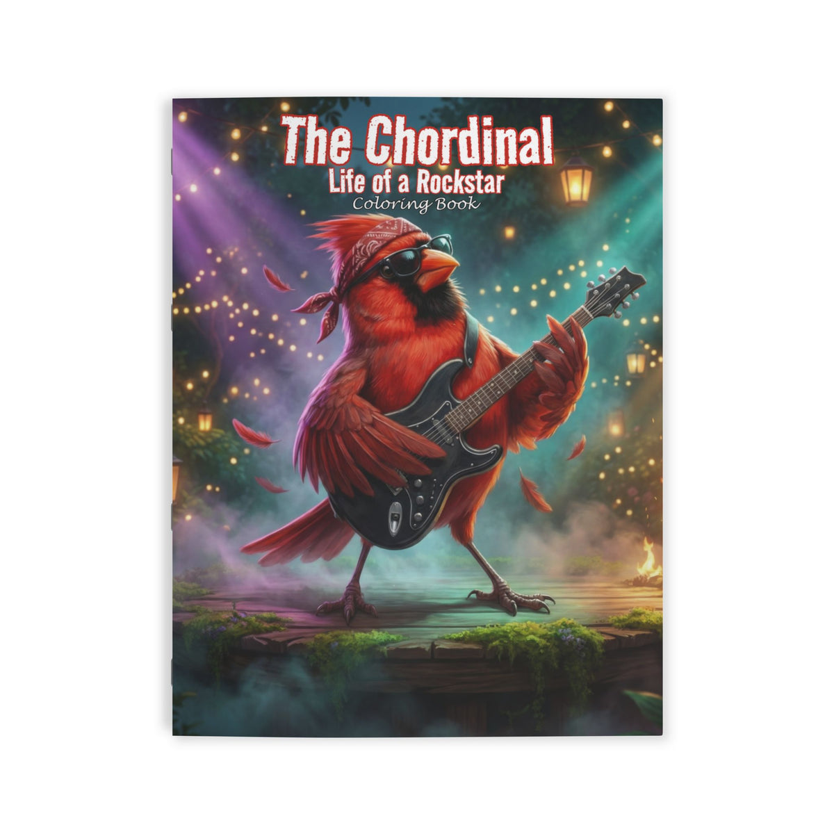 Coloring book titled 'The Chordinal: Life of a Rockstar' with a cardinal playing guitar on a magical background.