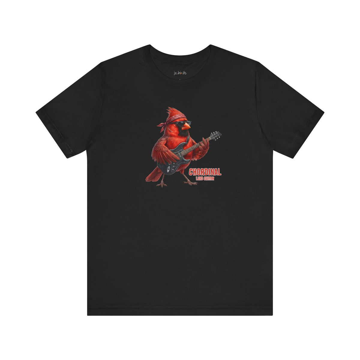 Black t-shirt with a red cardinal playing guitar graphic on a white background