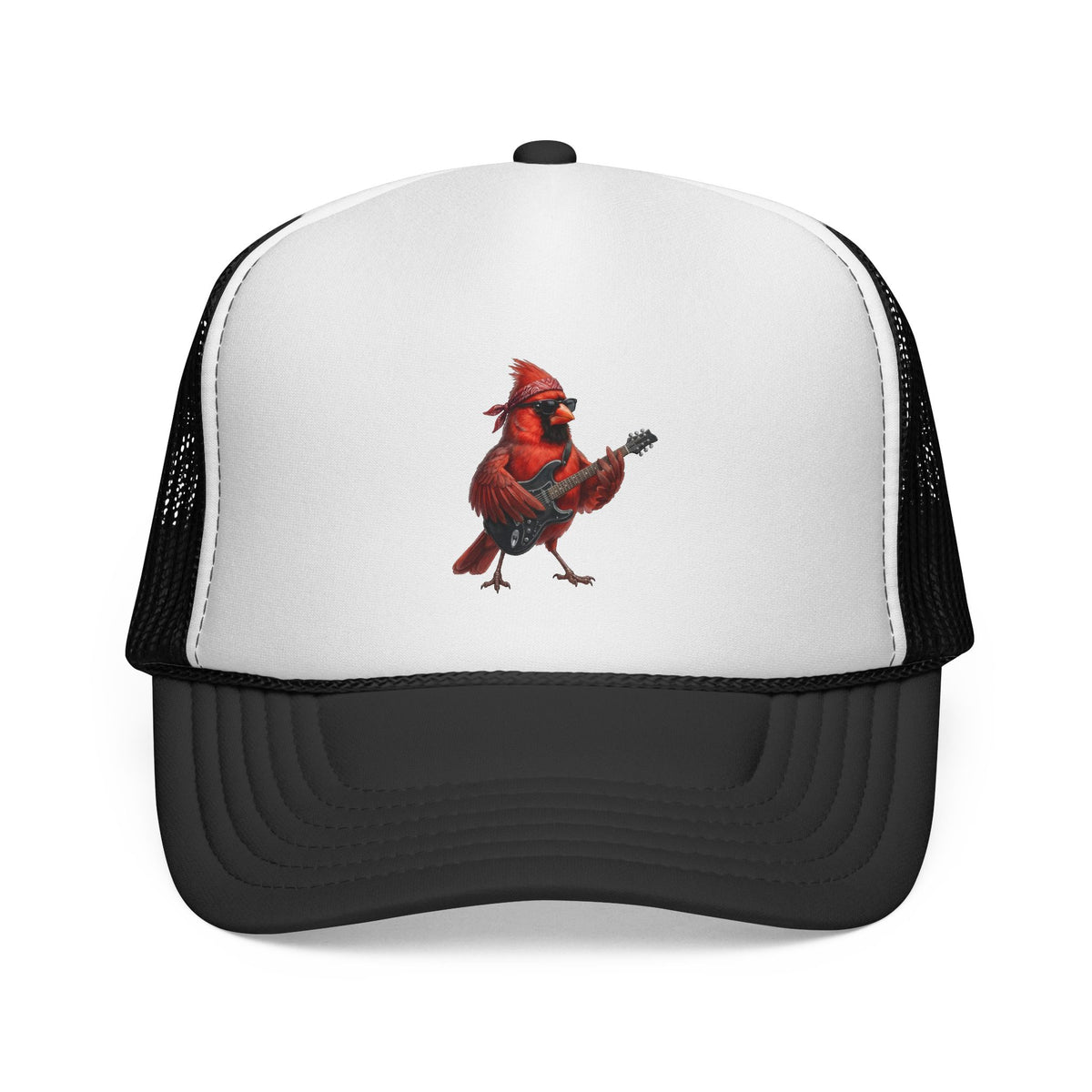 Trucker hat with a cardinal playing guitar design on a white background