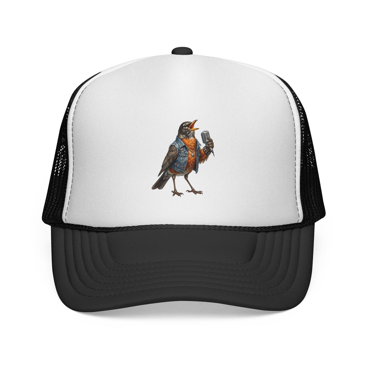 Trucker hat with a bird design on a white background