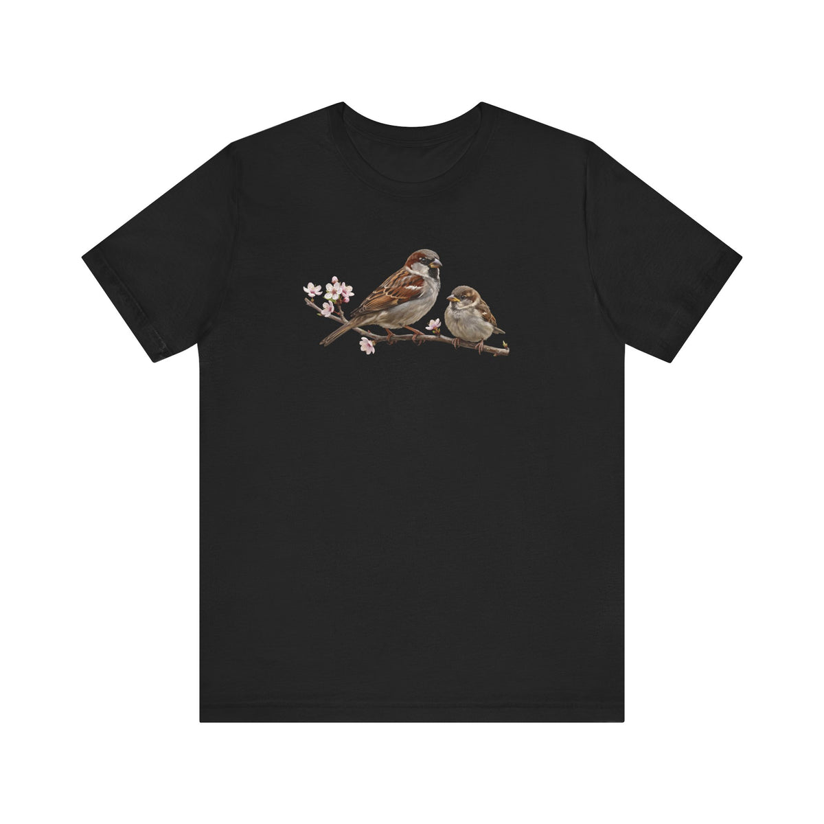 Tree Sparrow & Fledgling T-Shirt | Spring Blossoms Unisex Graphic Tee