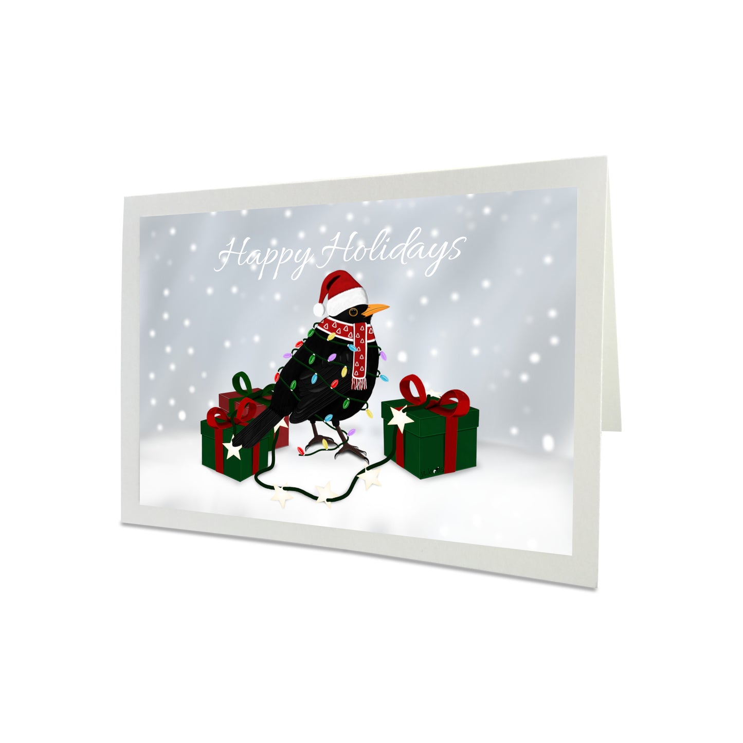 Weihnachtskarte Amsel als Weihnachtsmann mit Lichterkette Happy Holidays Vogel Zeichnung Inklusive Umschlag