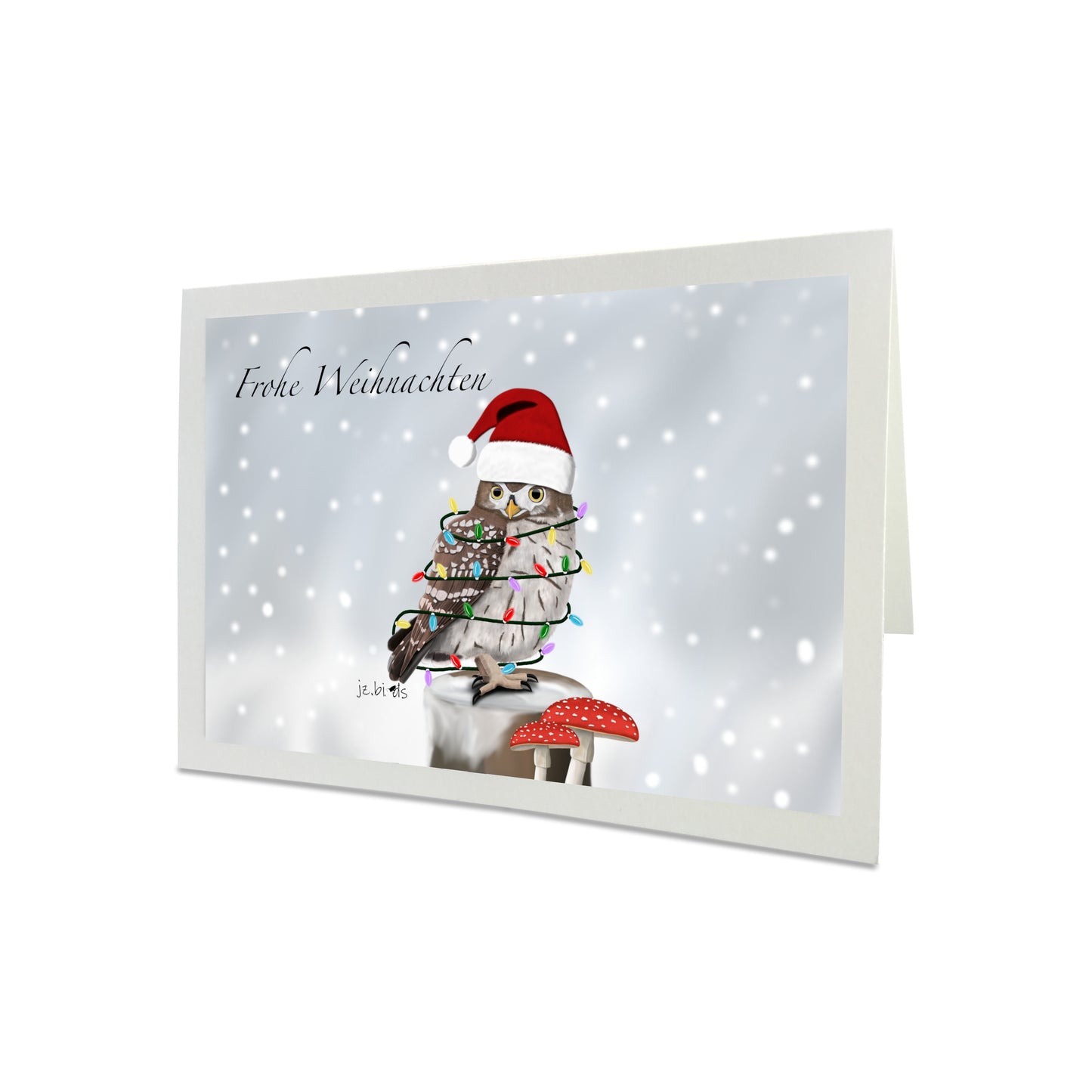 Weihnachtskarte Eule als Weihnachtsmann mit Lichterkette Vogel Zeichnung Inklusive Umschlag