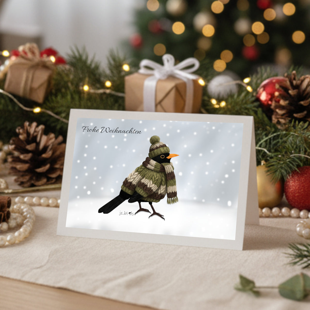 Amsel mit Strickpullover Weihnachtskarte Frohe Weihnachten Inklusive Umschlag