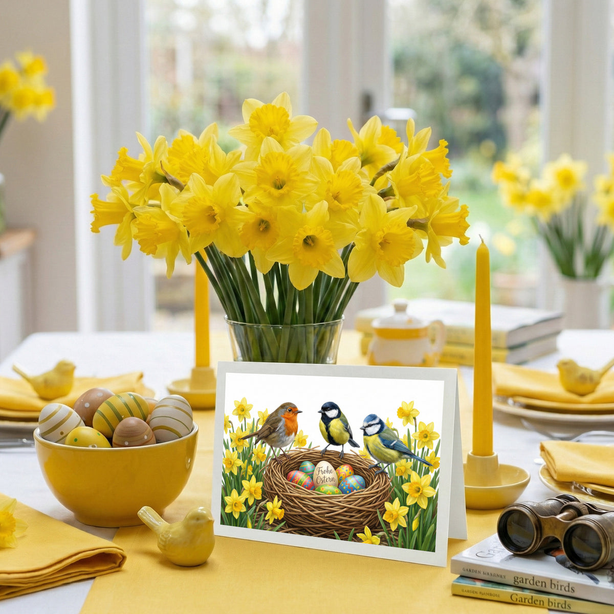 Illustrierte Osterkarte auf einem dekorierten ostertisch mit Rotkehlchen, blaumeise, kohlmeise die zwischen gelben Osterglocken auf einem nest mit bemalten ostereiern sitzen, Frühlingsmotiv.