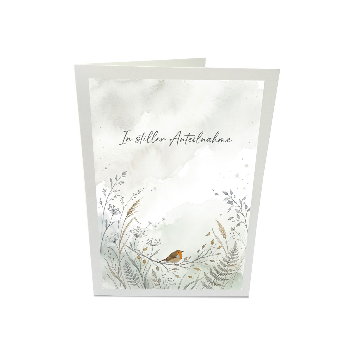Handgefertigte Trauerkarte mit gemaltem Rotkehlchen, Pusteblumen und Gräsern – würdevolle Beileidskarte In stiller Anteilnahme (17x12 cm) mit Umschlag
