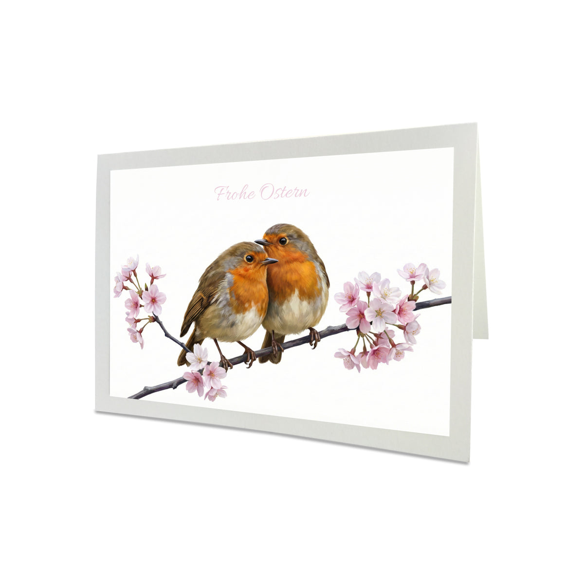 Illustrierte Osterkarte mit zwei Rotkehlchen, die zwischen rosa Kirschblüten sitzen, Frühlingsmotiv.