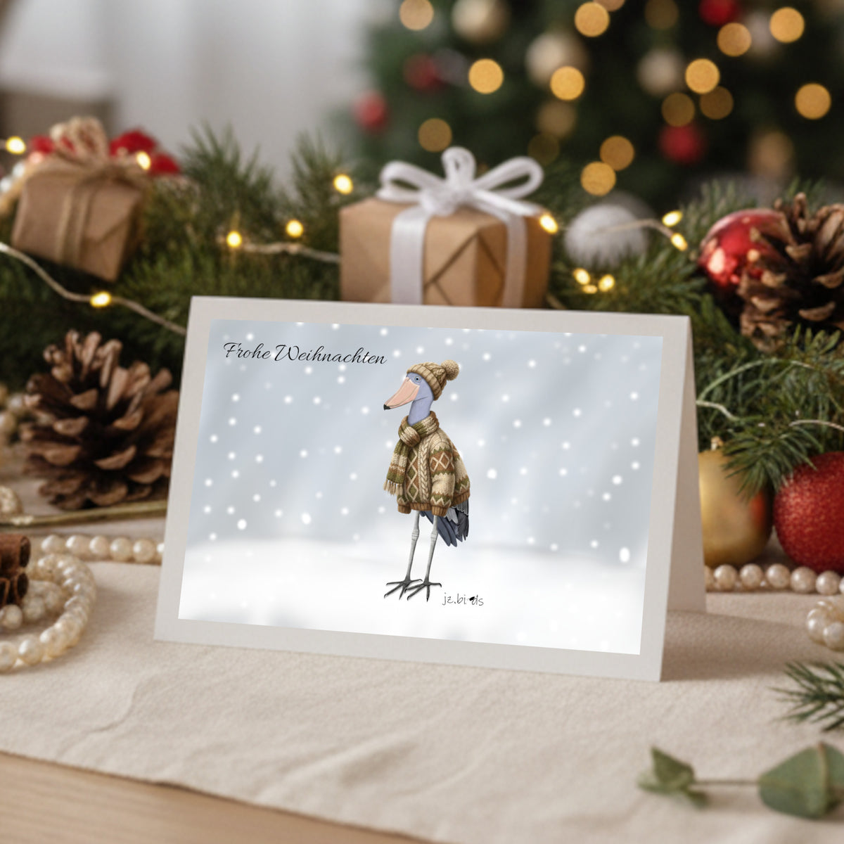 Schuhschnabel mit Strickpullover Weihnachtskarte Frohe Weihnachten Inklusive Umschlag